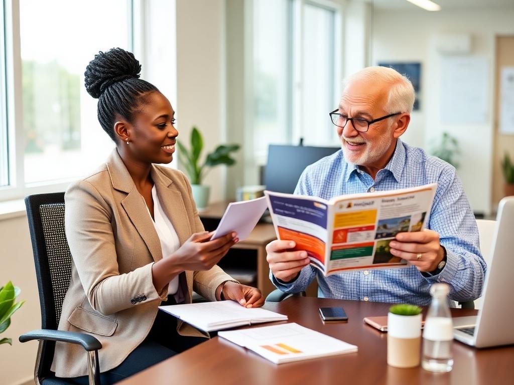 Black female Medicare agent helping an Asian senior man compare insurance brochures at a desk