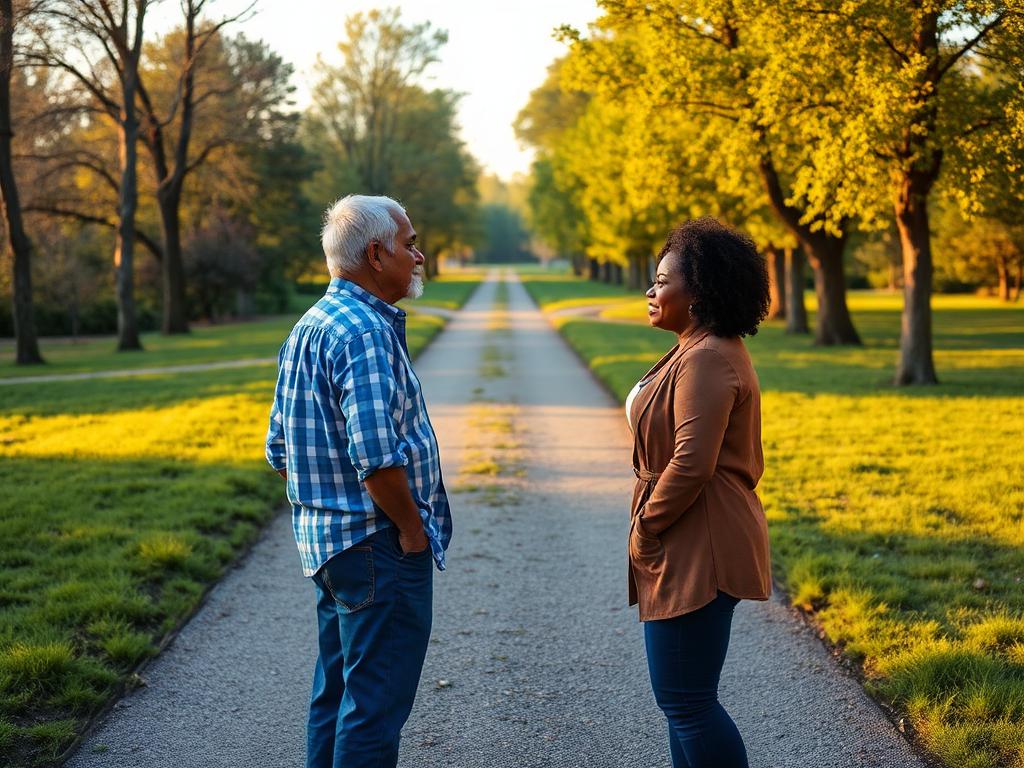 South Asian senior man and Black senior woman standing at a forked park path considering which way to go