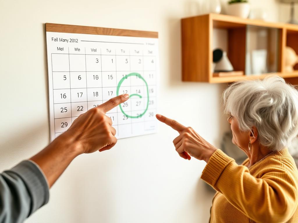 Mixed-race senior couple pointing at a wall calendar with an enrollment date circled in green