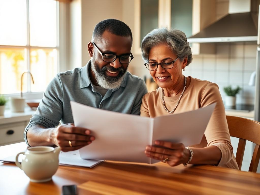 Black senior man and Latina senior woman reviewing Medicare paperwork together at their kitchen table