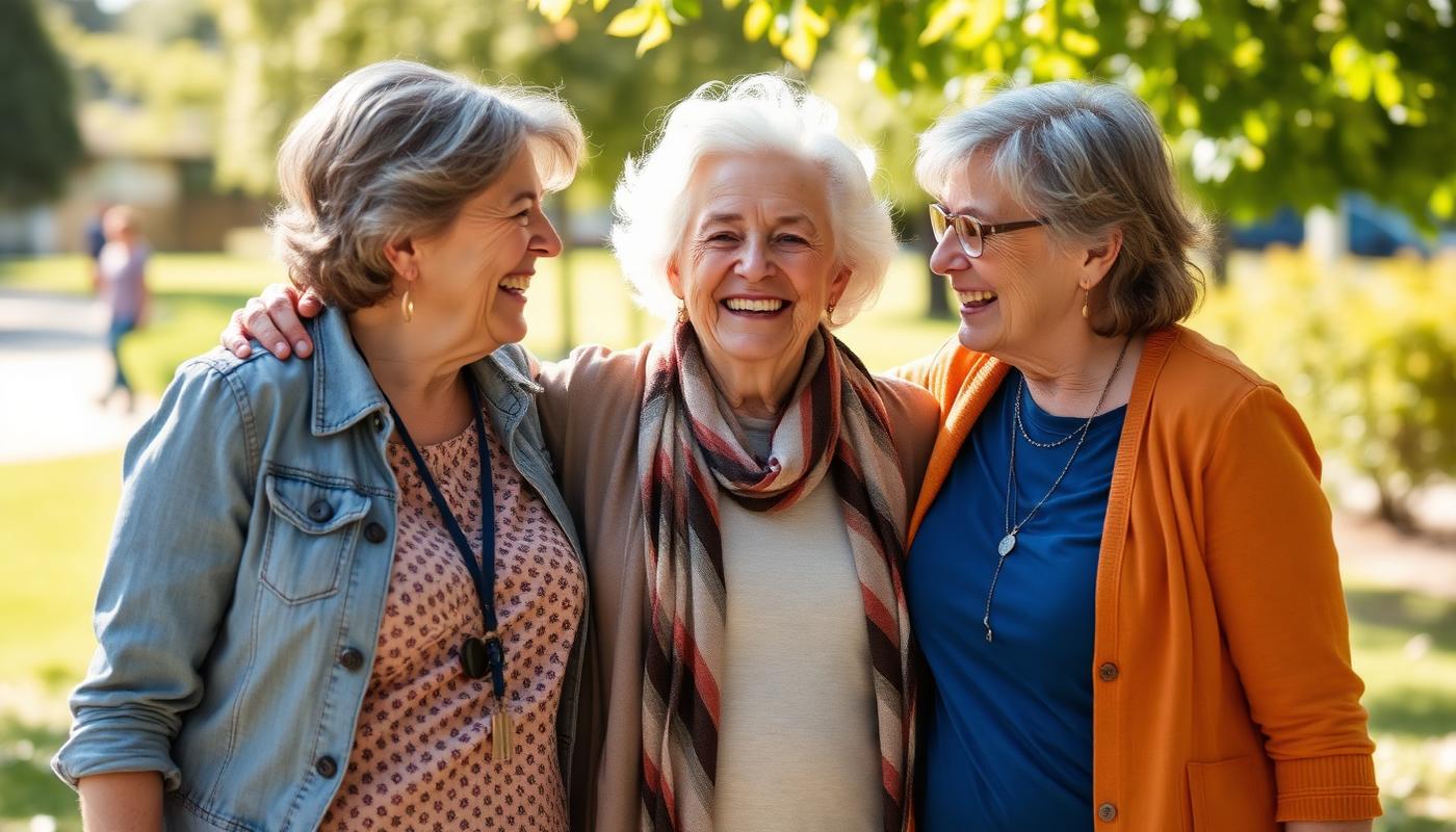 Three women friends laughing outdoors