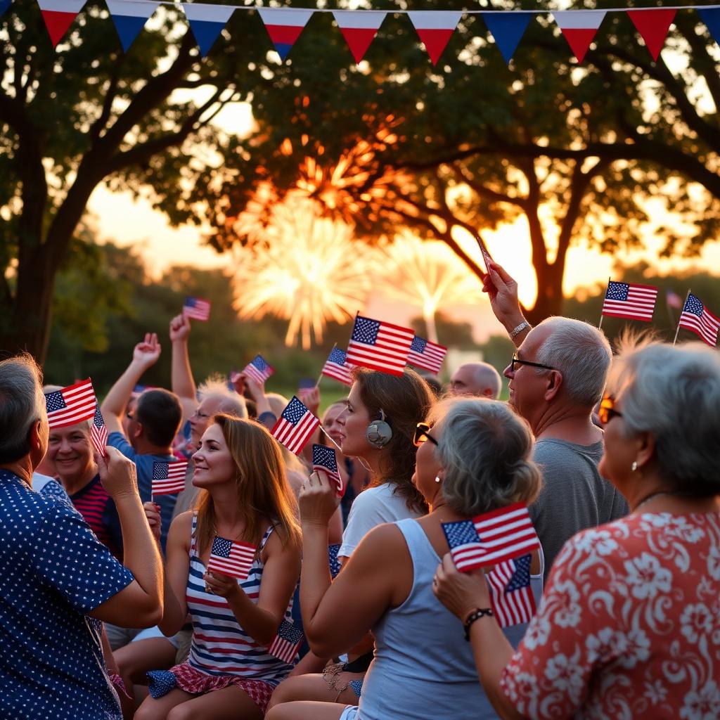 Diverse multigenerational Americans waving flags and watching fireworks at a community Independence Day celebration in a park