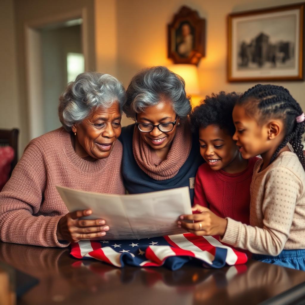 Elderly Black woman sharing American history and an old flag with her diverse grandchildren at home