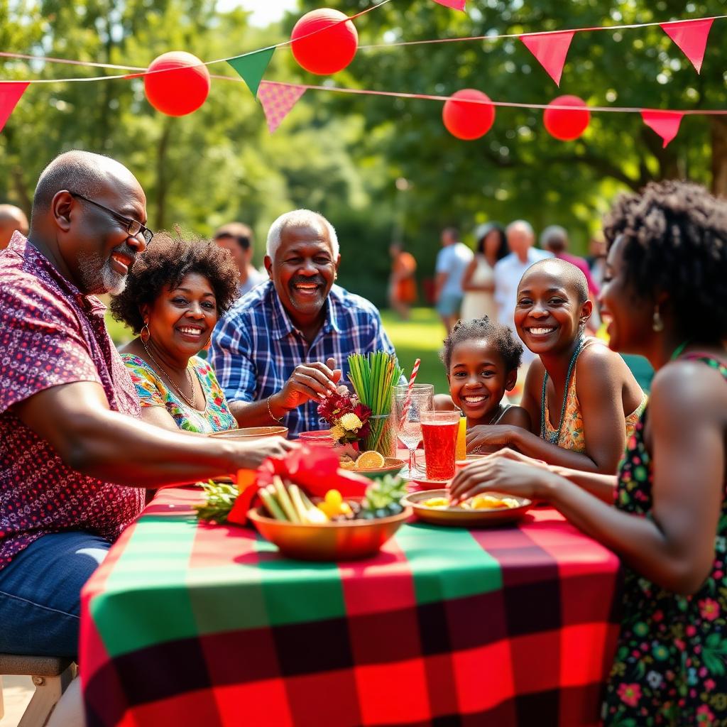 Joyful multigenerational Black family celebrating Juneteenth outdoors with red, green, and black decorations at a summer picnic