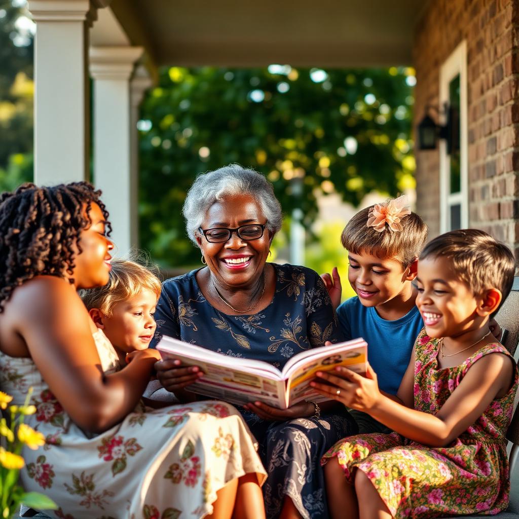 Elderly Black woman smiling while sharing stories with her grandchildren on a shaded front porch