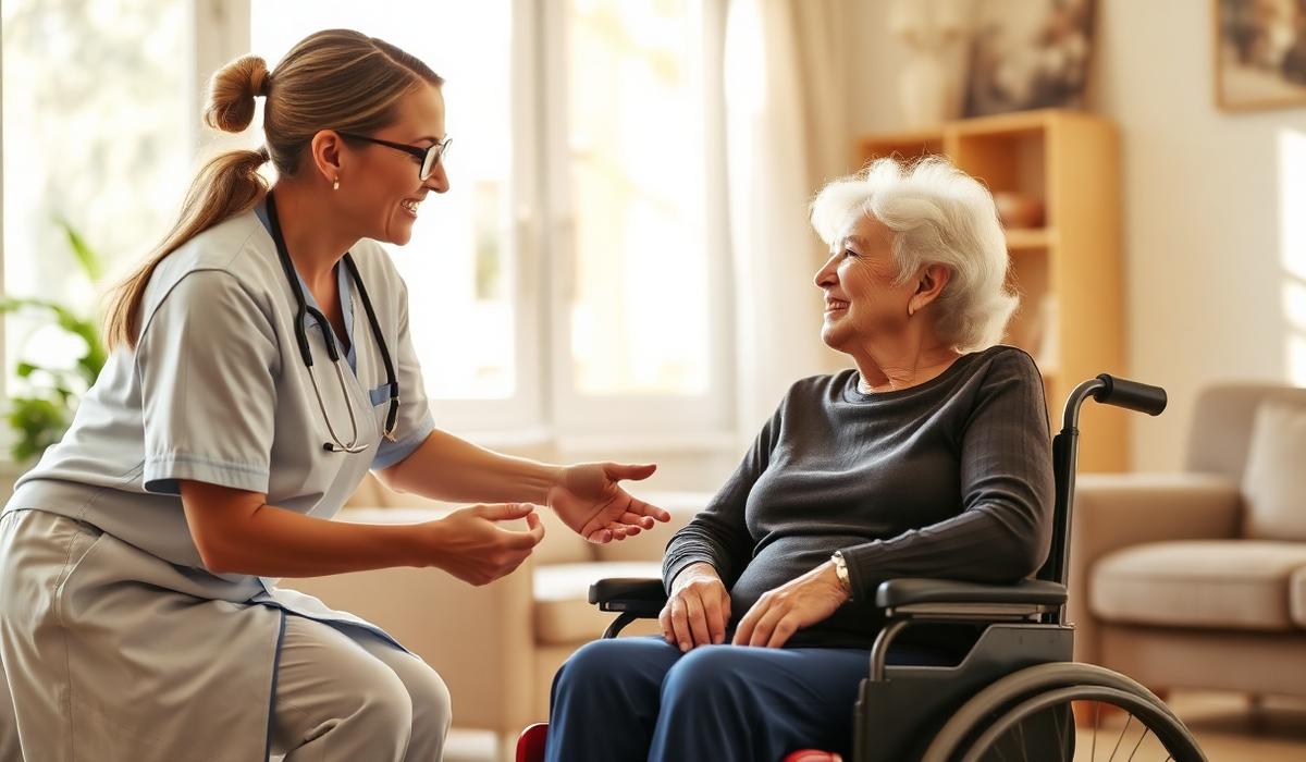 Nurse chatting with a senior woman in a wheelchair