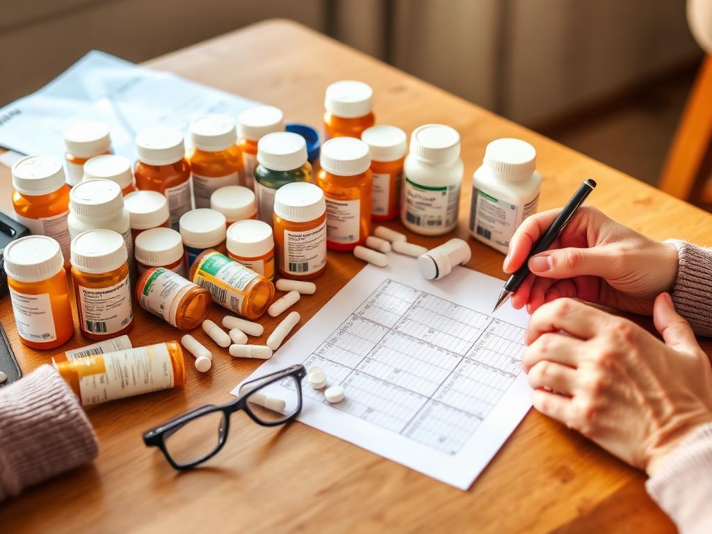 Diverse senior woman organizing prescription bottles and a medication checklist on a wooden desk