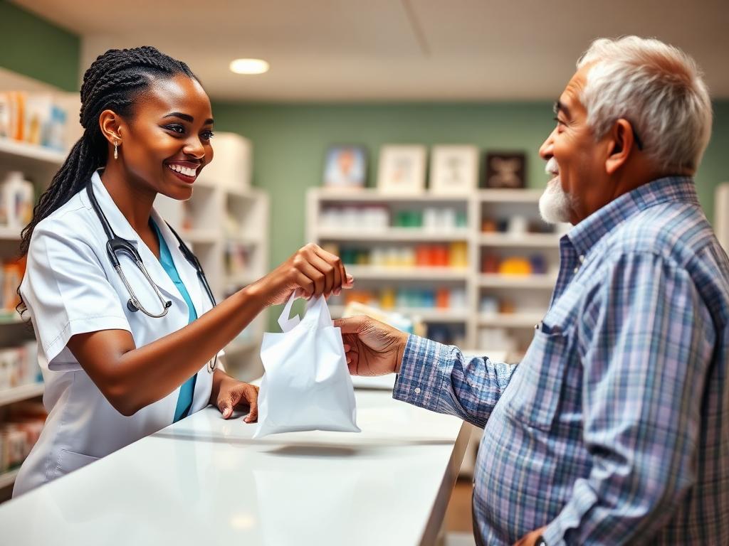 Black female pharmacist handing a prescription bag to a smiling elderly Hispanic man
