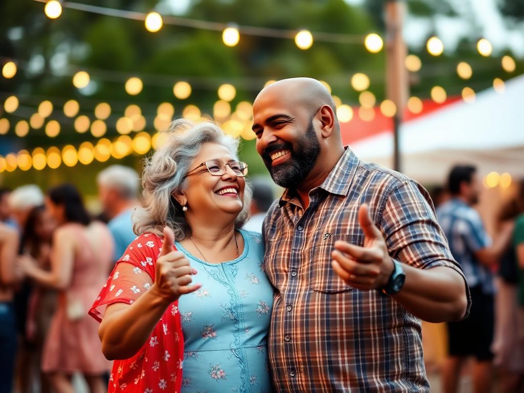 Hispanic senior woman and South Asian senior man dancing and laughing at an outdoor summer festival with string lights