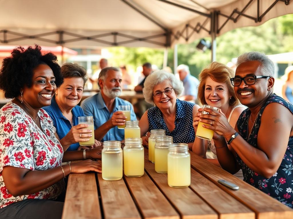 Group of diverse senior friends enjoying lemonade together at a festival picnic table