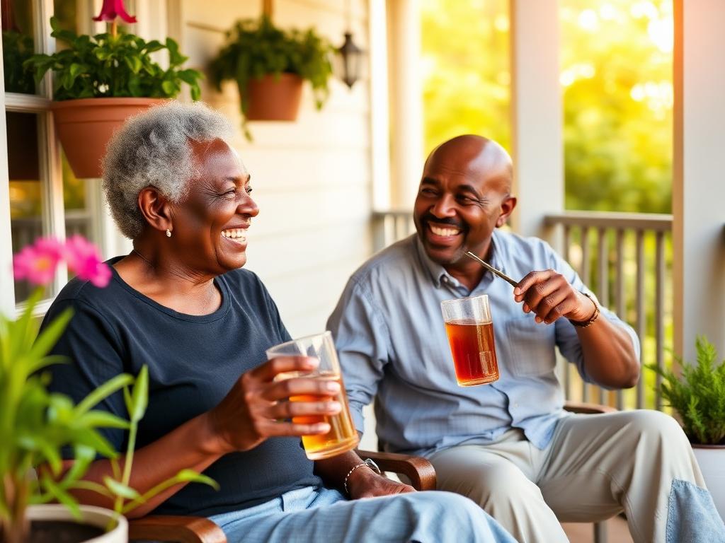 Joyful Black senior couple enjoying iced tea together on a sunny summer porch with potted plants