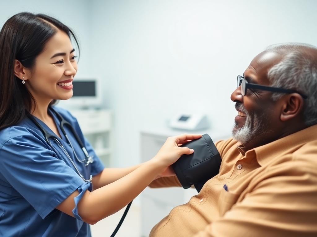Asian female healthcare provider checking blood pressure of a smiling elderly Black man in a bright clinic