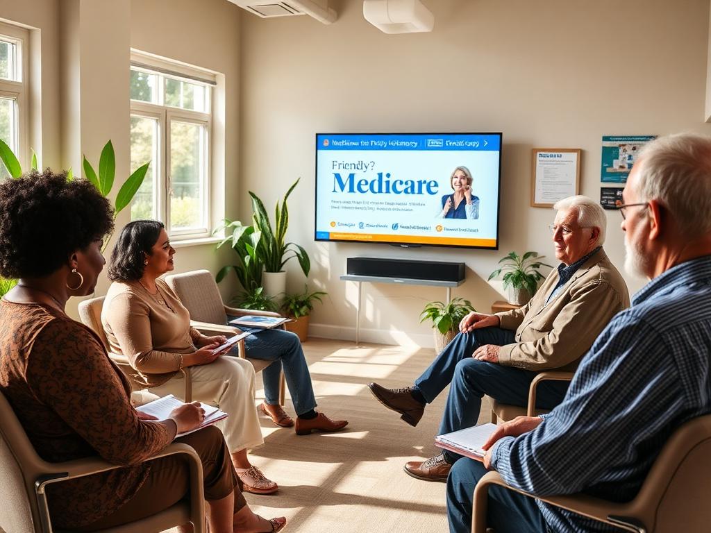 Diverse group of seniors attending a friendly Medicare workshop in a bright community center