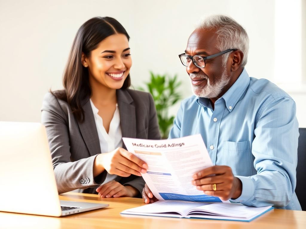 Latina Medicare advisor smiling and explaining a printed guide to an elderly Black man at a desk